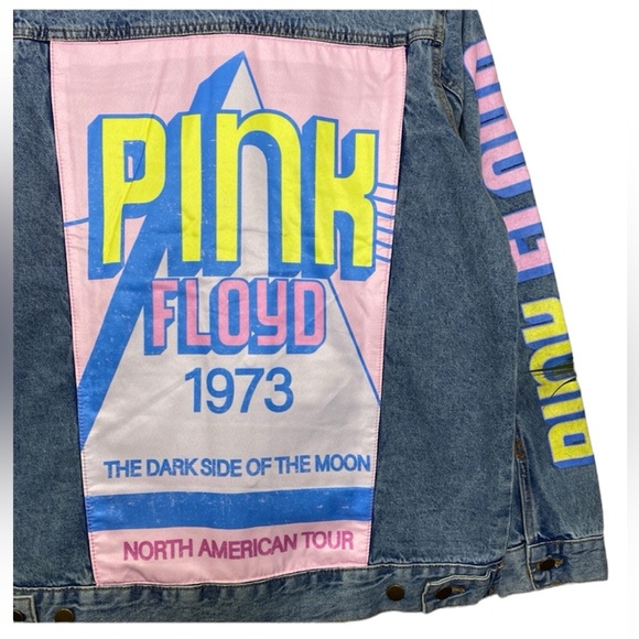 70s Upcycled Pink Floyd Lightwash Denim Jean Oversized Jacket Mens Womans Unisex - Picture 3 of 13